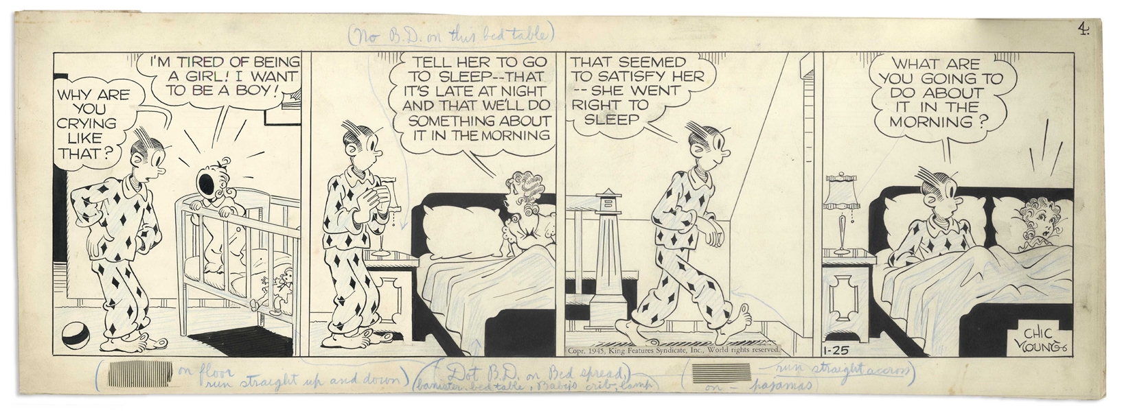 Chic Young Hand-Drawn ''Blondie'' Comic Strip From 1945 Titled ''Give Her a Shave and a Haircut!'' -- Cookie Is Tired of Being a Girl